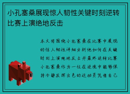 小孔塞桑展现惊人韧性关键时刻逆转比赛上演绝地反击